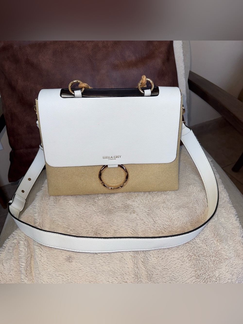 Luella Grey London White and Tan flap over Shoulder Bag Faux Leather